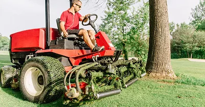 An operator driving a red reel mower across a shaded lawn